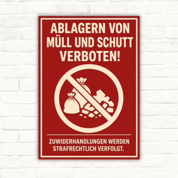 Rotes Verbotsschild mit Text „Ablagern von Müll und Schutt verboten!“ und durchgestrichenem Müllsymbol.