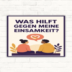 Schild mit dem Spruch „Was hilft gegen meine Einsamkeit?“ und zwei sitzenden Figuren als bedrucktes Hochformatschild.
