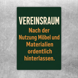 Vereinsraum Aufkleber mit Illustration von Regalen, Tischen und Hinweis zum ordentlichen Hinterlassen von Möbeln und Materialien.