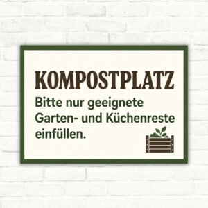 Kompostplatz Schild mit Text „Bitte nur geeignete Garten- und Küchenreste einfüllen“ und illustriertem Kompostkasten.