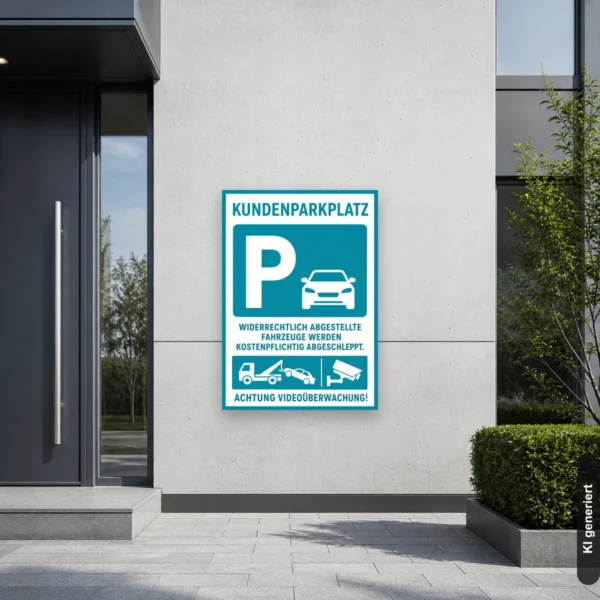 KI-generiertes Anwendungsbeispiel: Hochformat-Schild für einen Kundenparkplatz mit Videoüberwachung und Abschlepphinweis am Einfahrtspfosten.