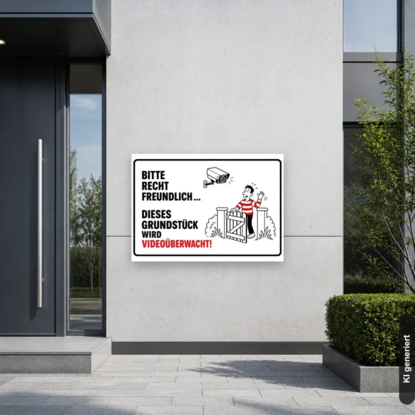 KI-generiertes Anwendungsbeispiel: Videoüberwachtes Grundstück-Schild mit freundlichem Text, Kamera-Grafik und winkender Figur am Eingang.