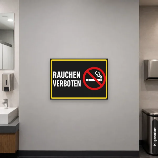 KI-generiertes Anwendungsbeispiel: Rauchen verboten Schild im Querformat an einem Eingang mit rotem Symbol und weißer Aufschrift.