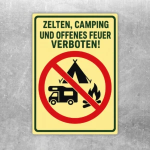 Camping- und offenes Feuer verboten Aufkleber mit rotem Verbotssymbol auf gelbem Hintergrund für Außenbereiche.