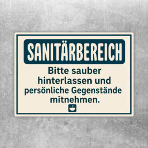 Sanitärbereich sauber hinterlassen Aufkleber mit Waschraum-Motiv und Hinweis zum Mitnehmen persönlicher Gegenstände.