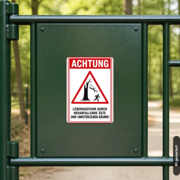KI-generiertes Anwendungsbeispiel: Warnaufkleber mit Baumbruch-Symbol und Text zu herabfallenden Ästen an einem Waldweg.