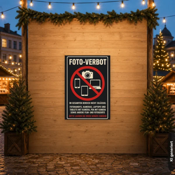 KI-generiertes Anwendungsbeispiel: Foto-Verbotsschild für Geräte mit Kamerasymbol und rotem Verbotkreis an einem sensiblen Eingang.