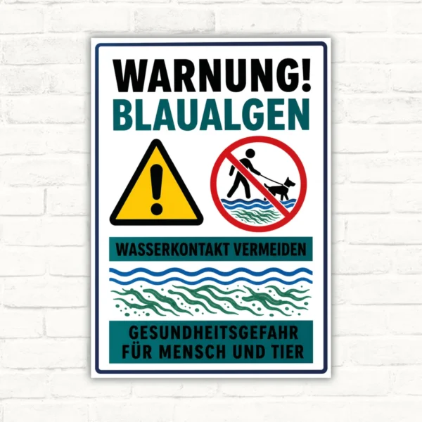 Warnschild mit Text „Warnung! Blaualgen“, Dreiecksymbol und Hinweis „Wasserkontakt vermeiden“ im Hochformat.