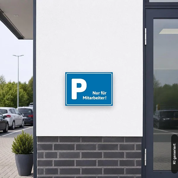 KI-generiertes Anwendungsbeispiel für Schild Parkplatz nur für Mitarbeiter blau: Schild klein und realistisch am passenden Einsatzort dargestellt.