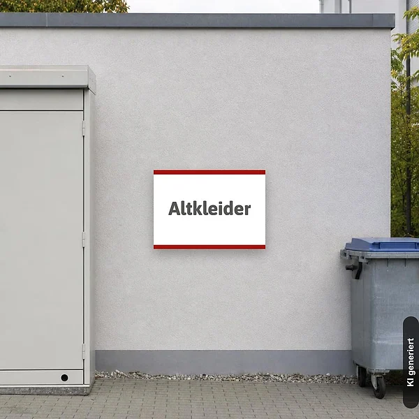 KI-generiertes Anwendungsbeispiel für Altkleider Schild – Hinweisschild für Sammelstelle: Schild klein und realistisch am passenden Einsatzort dargestellt.