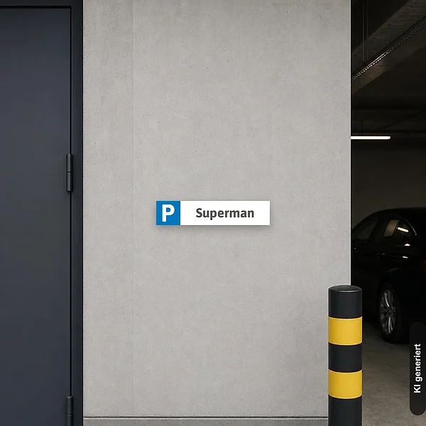 KI-generiertes Anwendungsbeispiel für Schild Parkplatz Superheld Superman Parkplatzschild: Schild klein und realistisch am passenden Einsatzort dargestellt.