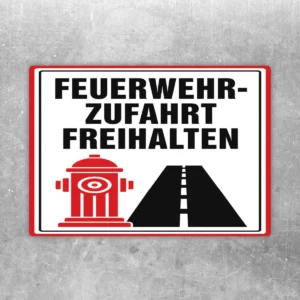 Feuerwehrzufahrt freihalten Aufkleber mit rotem Rand, schwarzem Text und Hydrantenmotiv für klare Hinweise an Zufahrten.