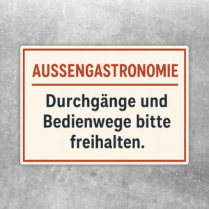 Aufkleber Außengastronomie mit Terrassenszene und Hinweis Durchgänge und Bedienwege bitte freihalten.