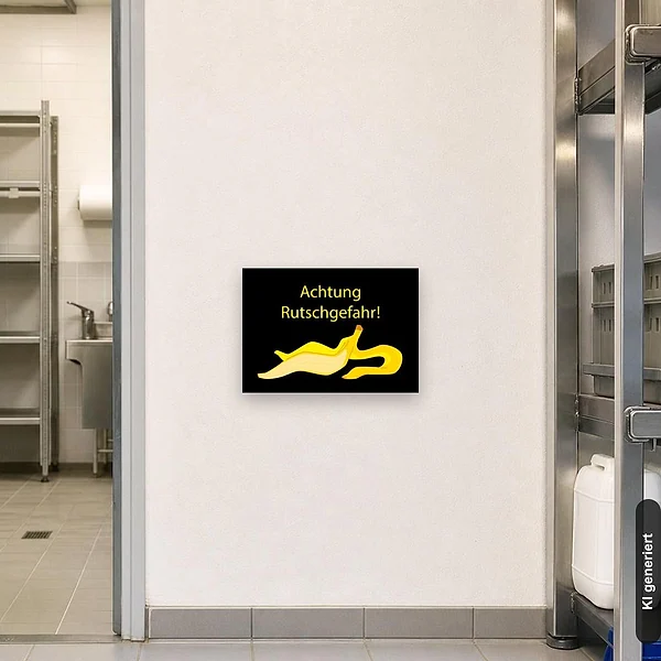 KI-generiertes Anwendungsbeispiel für Schild Achtung Rutschgefahr Bananenschale: Schild klein und realistisch am passenden Einsatzort dargestellt.