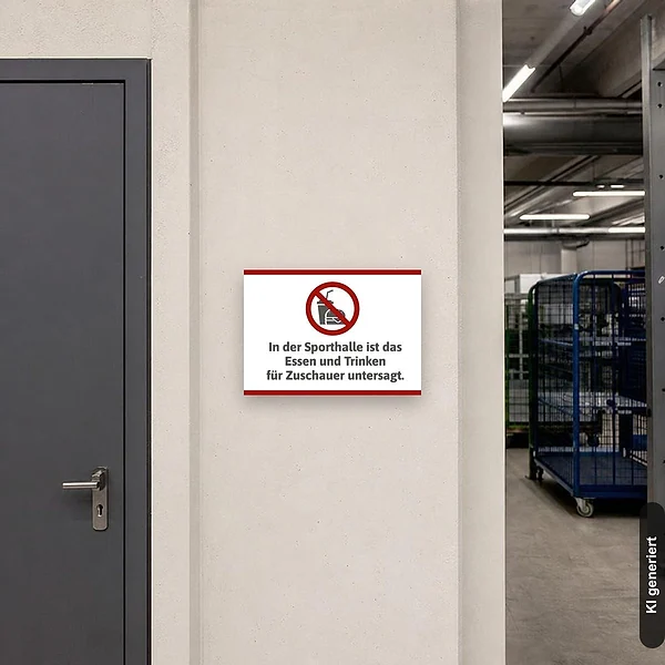 KI-generiertes Anwendungsbeispiel für Schild In der Sporthalle ist das Essen und Trinken für Zusschauer untersagt: Schild klein und realistisch am passenden Einsatzort dargestellt.