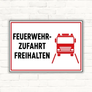 Feuerwehrzufahrt freihalten Schild mit gut lesbarem Motiv und klarer Beschriftung als bedrucktes Schild aus Aluminium-Verbundplatte.
