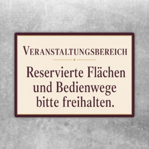 Veranstaltungsbereich Aufkleber mit Raumplan-Motiv und Hinweis, reservierte Flächen und Bedienwege freizuhalten.