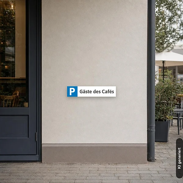 KI-generiertes Anwendungsbeispiel für Schild Kennzeichenschild Parkplatz Gäste Café Kaffee: Schild klein und realistisch am passenden Einsatzort dargestellt.