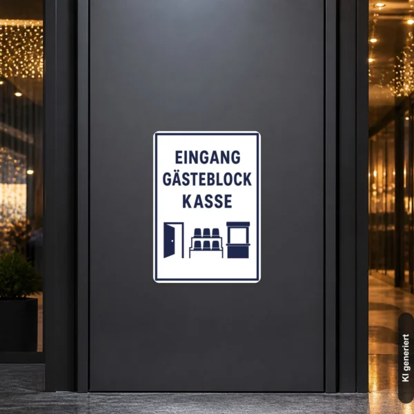 KI-generiertes Anwendungsbeispiel: Aufkleber „Eingang Gästeblock Kasse“ an einer Tür im Stadionbereich zur klaren Wegweisung.