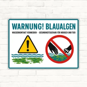 Warnung Blaualgen Schild mit Text „Wasserkontakt vermeiden“ und Symbolen für Gewässerwarnung als bedrucktes Warnschild.