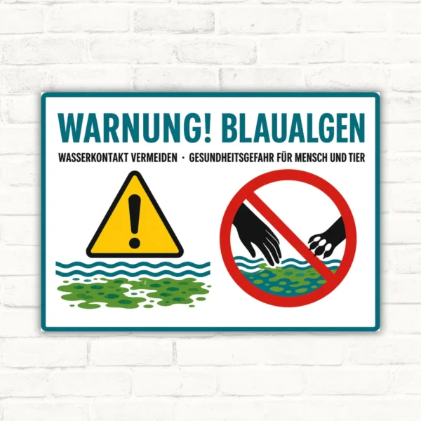 Warnung Blaualgen Schild mit Text „Wasserkontakt vermeiden“ und Symbolen für Gewässerwarnung als bedrucktes Warnschild.
