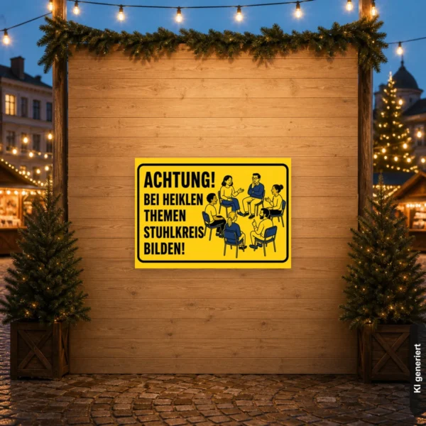 KI-generiertes Anwendungsbeispiel: Gelbes Stuhlkreis bilden Schild mit „Achtung! Bei heiklen Themen Stuhlkreis bilden!“ für den Besprechungsraum.