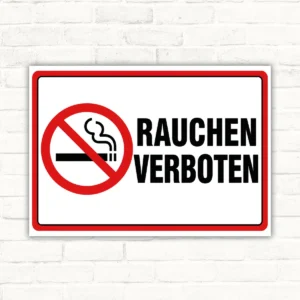 Querformat-Schild mit rotem Verbotssymbol und Text 'RAUCHEN VERBOTEN' als deutliches Verbotsschild.