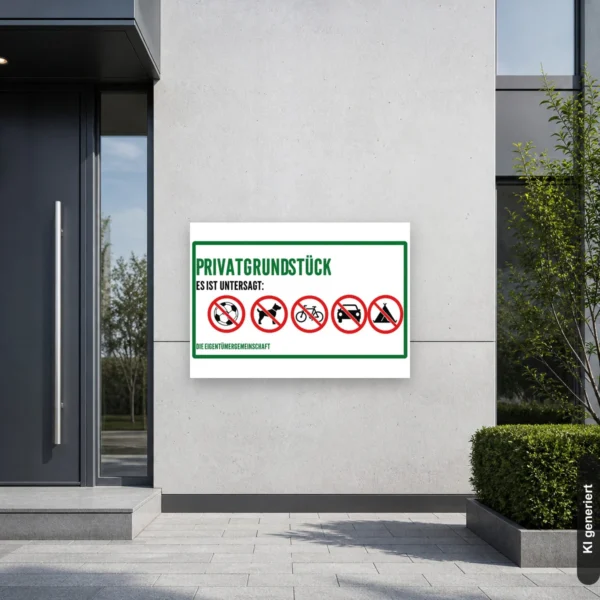 KI-generiertes Anwendungsbeispiel: Querformat-Verbotsschild „Privatgrundstück – Es ist untersagt“ zur klaren Kennzeichnung eines privaten Grundstücks.