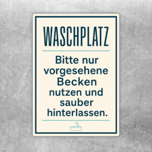 Waschplatz Aufkleber mit Illustration von Becken, blauem Rahmen und Hinweis zum sauberen Hinterlassen.