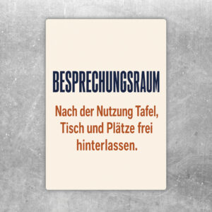 Besprechungsraum Aufkleber mit Raumillustration und Hinweis, Tafel, Tisch und Plätze nach Nutzung frei zu hinterlassen.