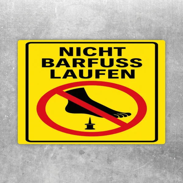 Gelber Nicht barfuß laufen Aufkleber mit rotem Verbotssymbol und schwarzer Schrift für Eingänge und sensible Bereiche.