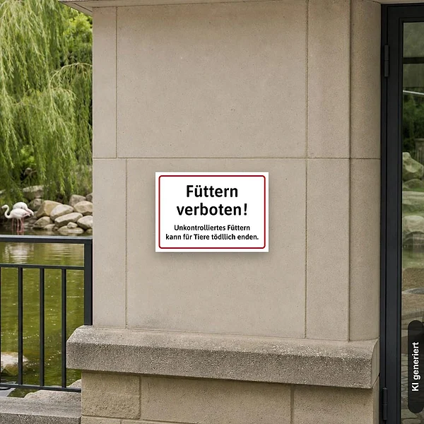 KI-generiertes Anwendungsbeispiel für Schild Tiere füttern verboten Hinweis Warnung: Schild klein und realistisch am passenden Einsatzort dargestellt.