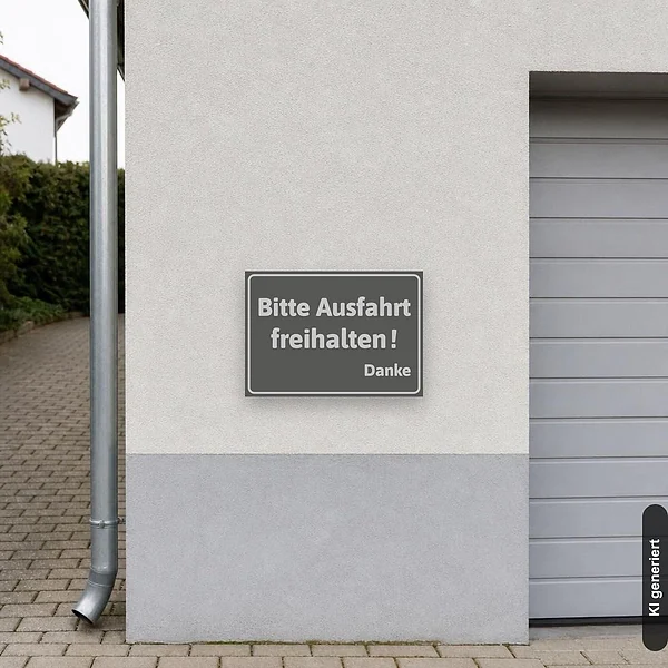 KI-generiertes Anwendungsbeispiel für Bitte Ausfahrt freihalten! Danke Schild – Modernes, edles Hinweisschild in Grau: Schild klein und realistisch am passenden Einsatzort dargestellt.