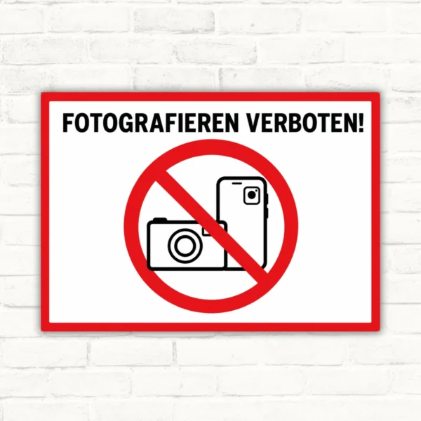 Fotografieren verboten Schild mit rotem Verbotszeichen und Kamera-Symbol, Querformat, für den Innen- und Außenbereich.