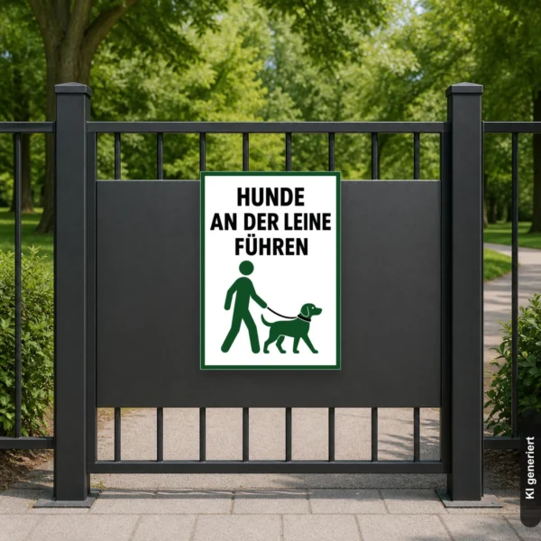 KI-generiertes Anwendungsbeispiel: Hunde an der Leine führen Schild am passenden Einsatzort mit gut sichtbarem Motiv und klarer Beschriftung.