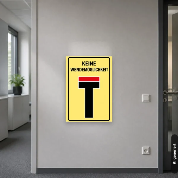 KI-generiertes Anwendungsbeispiel: Gelbes Warnschild „KEINE WENDEMÖGLICHKEIT“ mit schwarzem T-Symbol am engen Hofeingang.