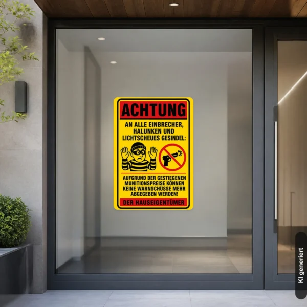 KI-generiertes Anwendungsbeispiel: Achtung Einbrecher Aufkleber mit Humor an einer Haustür in Rot, Gelb und Schwarz.