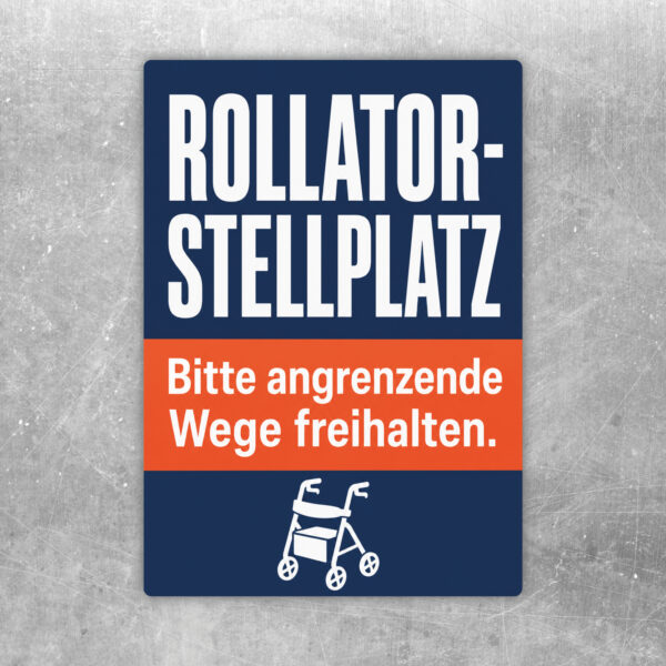 Rollatorstellplatz Aufkleber mit Rollator auf markierter Fläche und Hinweis, angrenzende Wege freizuhalten.