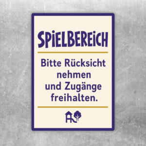 Spielbereich Aufkleber mit Spielplatzmotiv, Kindern im Sandkasten und Hinweis Bitte Rücksicht nehmen und Zugänge freihalten.