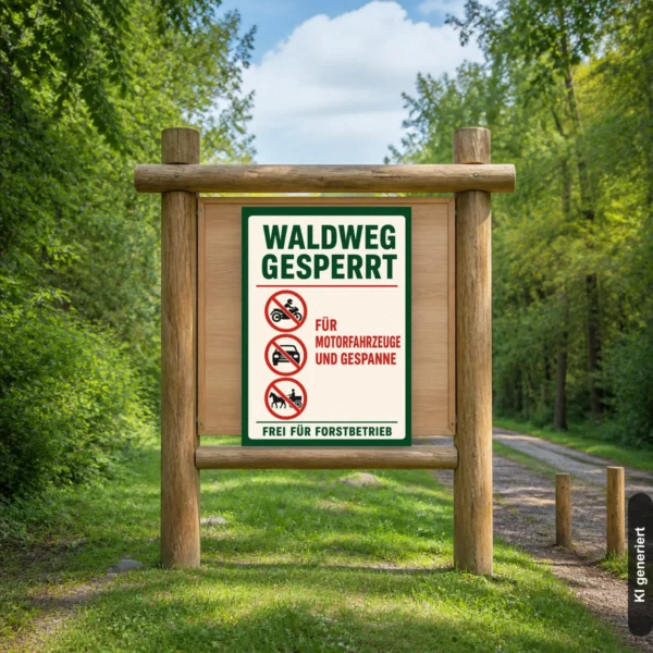 KI-generiertes Anwendungsbeispiel: Waldweg gesperrt Schild an einer Forstzufahrt mit Hinweis frei für Forstbetrieb.