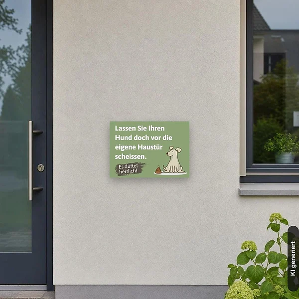 KI-generiertes Anwendungsbeispiel für Schild Hinweis Hundekot Hundescheisse: Schild klein und realistisch am passenden Einsatzort dargestellt.