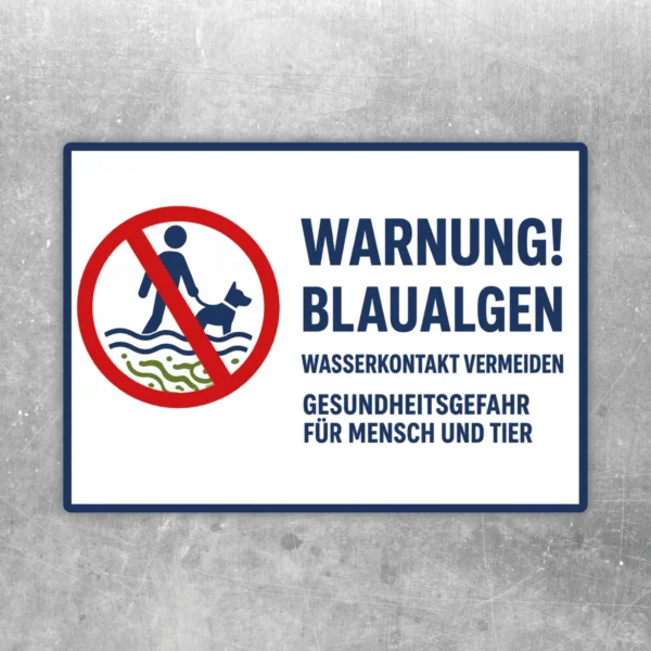 Warnaufkleber Blaualgen mit rotem Verbotssymbol, blauem Text und Hinweis auf Wasserkontakt vermeiden.