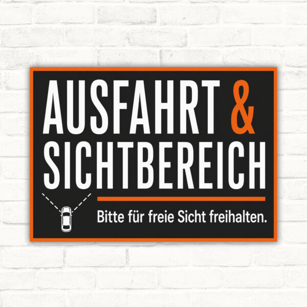 Ausfahrt freihalten Schild mit Text „Ausfahrt & Sichtbereich – Bitte für freie Sicht freihalten“ und Draufsicht-Grafik.