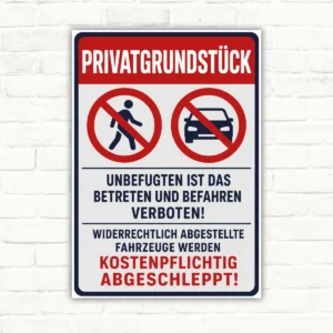 Abschlepphinweis-Schild Privatgrundstück – Betreten und Befahren verboten mit gut lesbarem Motiv und klarer Beschriftung als bedrucktes Schild aus Aluminium-Verbundplatte.