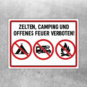 Aufkleber mit rotem Verbotsrahmen und den Symbolen für Zelt, Wohnmobil und offenes Feuer auf weißem Hintergrund.