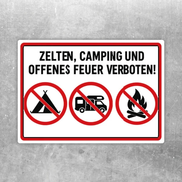 Aufkleber mit rotem Verbotsrahmen und den Symbolen für Zelt, Wohnmobil und offenes Feuer auf weißem Hintergrund.