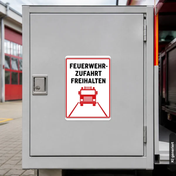 KI-generiertes Anwendungsbeispiel: Feuerwehrzufahrt freihalten Aufkleber an einer Toranlage mit rotem Warnmotiv und klarer Beschriftung