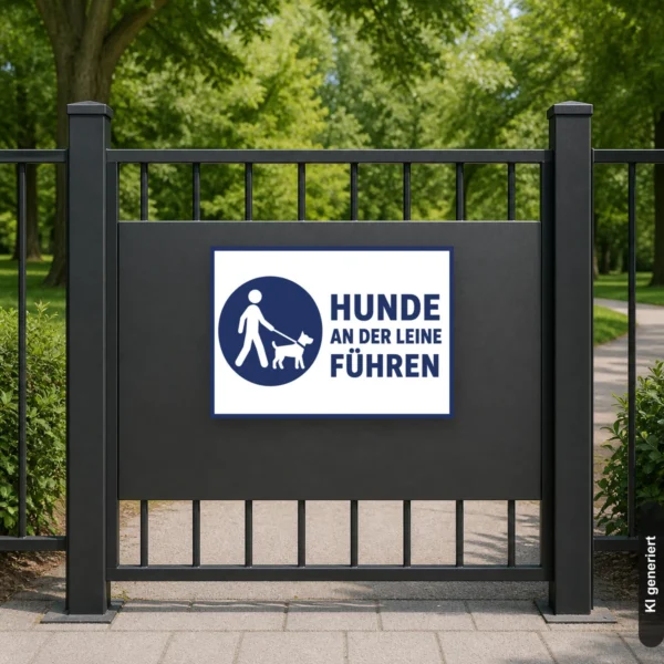 KI-generiertes Anwendungsbeispiel: Hunde an der Leine führen Schild an einem Zaun, gut sichtbar für Besucher im Außenbereich.