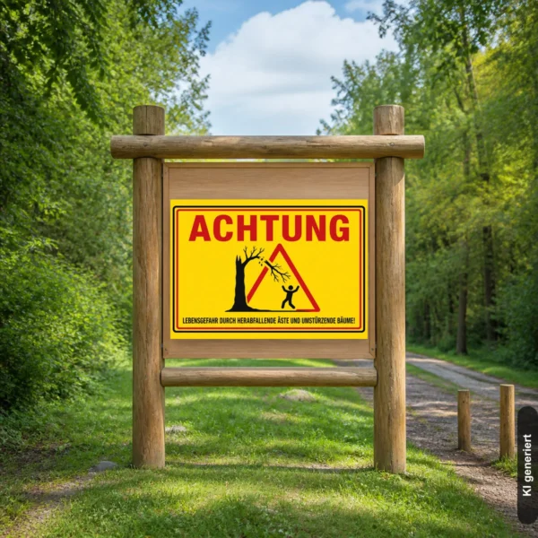 KI-generiertes Anwendungsbeispiel: Warnschild mit „ACHTUNG“ für einen Waldweg, der wegen herabfallender Äste und umsturzgefährdeter Bäume gesperrt ist.