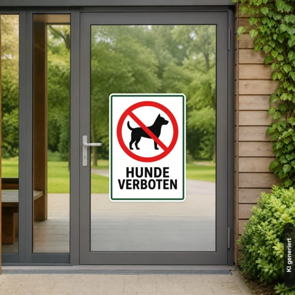 KI-generiertes Anwendungsbeispiel: Hunde verboten Aufkleber an einer Haustür mit rotem Verbotszeichen und klarem Text.
